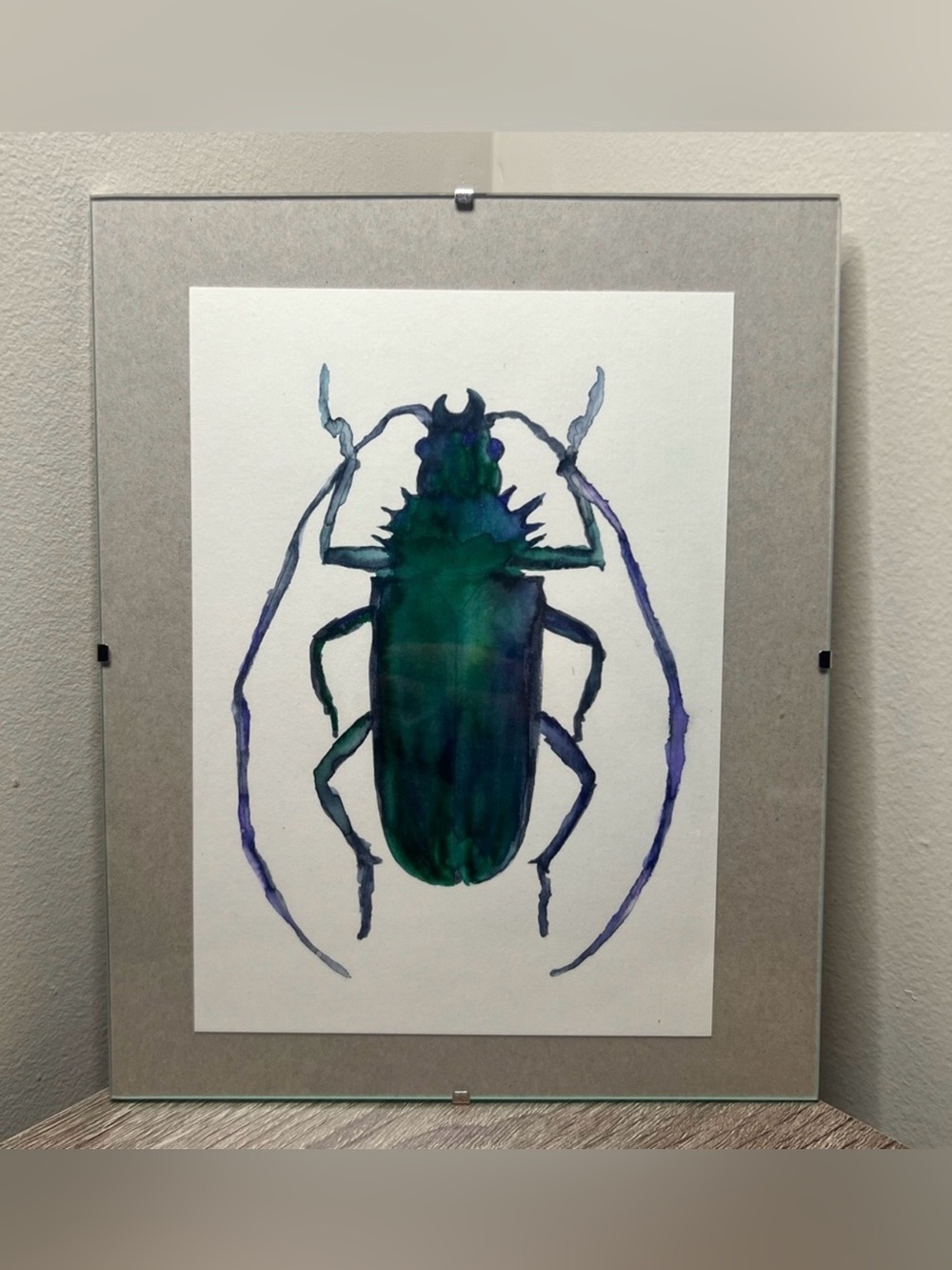 Hand-Painted Watercolor Beetle Art | 10” x 8” Floating Glass Frame